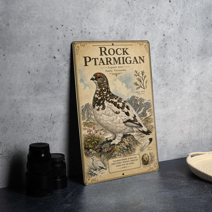a vintage-style metal sign with an illustration of a bird, likely a stork, standing on a rocky outcrop. The sign is placed on a countertop next to some black camera lenses and a white bowl.