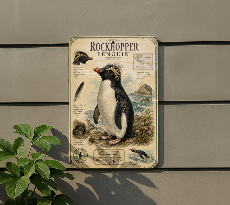 a vintage-style illustration of a rockhopper penguin on a wall, accompanied by various texts and illustrations related to the penguin.