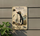 a vintage-style illustration of a rockhopper penguin on a wall, accompanied by various texts and illustrations related to the penguin.