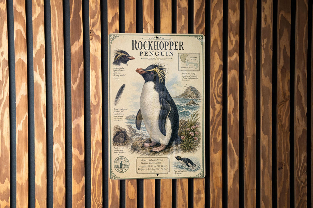 a poster of a Rockhopper Penguin, which is a type of penguin, mounted on a wooden wall.