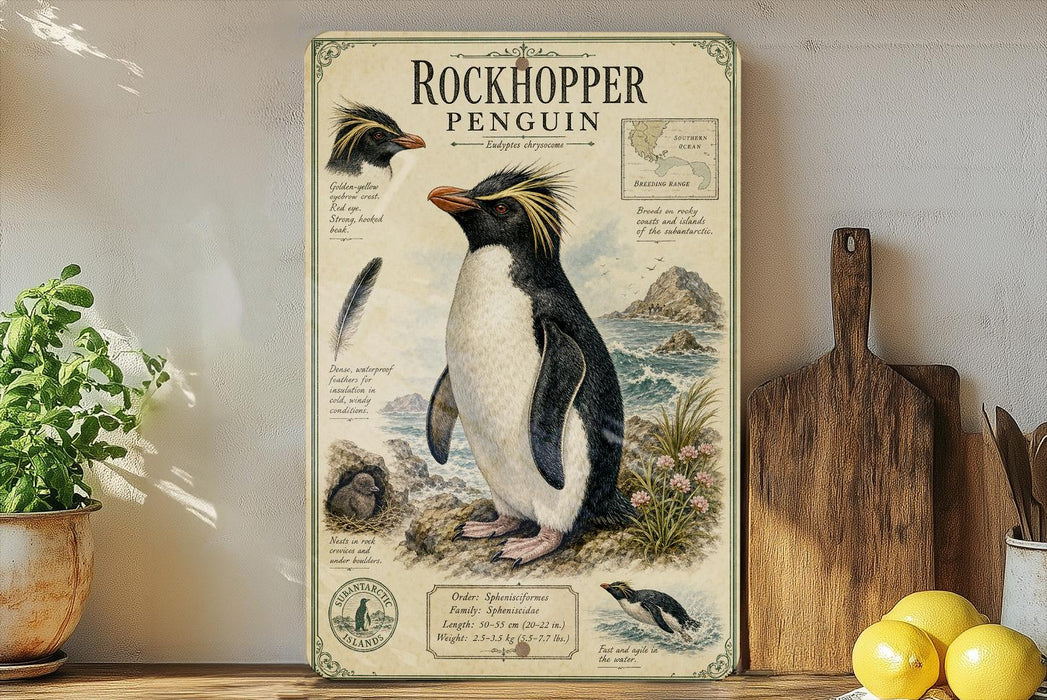 a vintage-style illustration of a rockhopper penguin on a wooden shelf, accompanied by various texts and illustrations related to the penguin's characteristics and habitat.