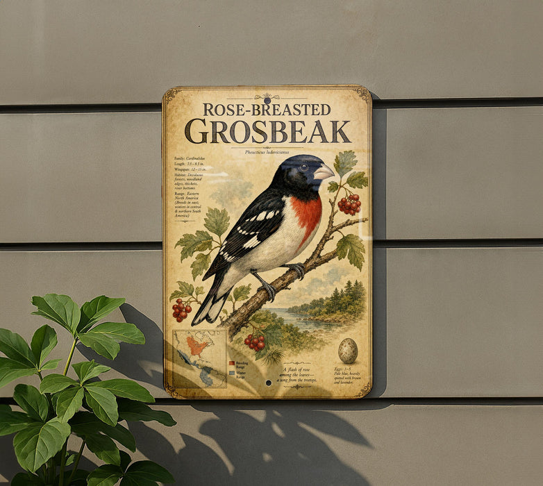 a vintage-style metal sign with a detailed illustration of a rose-breasted grouse perched on a branch, surrounded by berries and foliage.