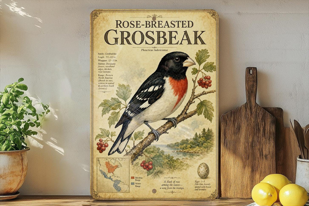 A vintage-style poster of a rose-breasted grouse displayed on a shelf, with a wooden cutting board and a potted plant in the background.