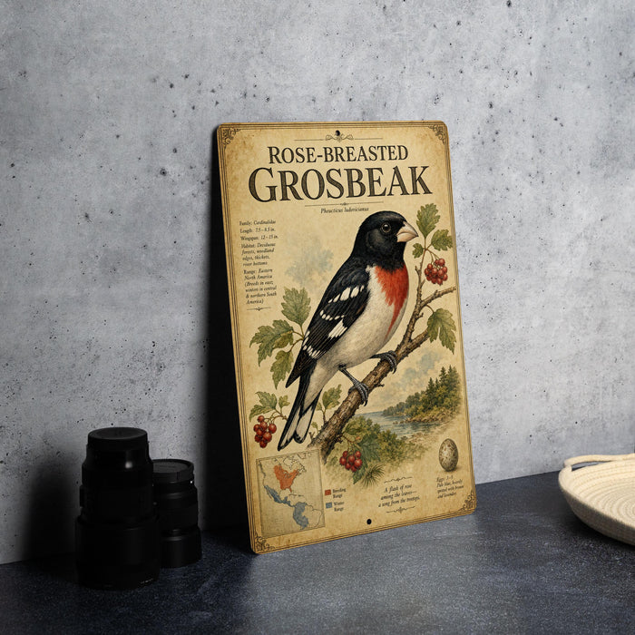 a vintage-style sign or poster with a detailed illustration of a rose-breasted grouse, accompanied by text and a map.