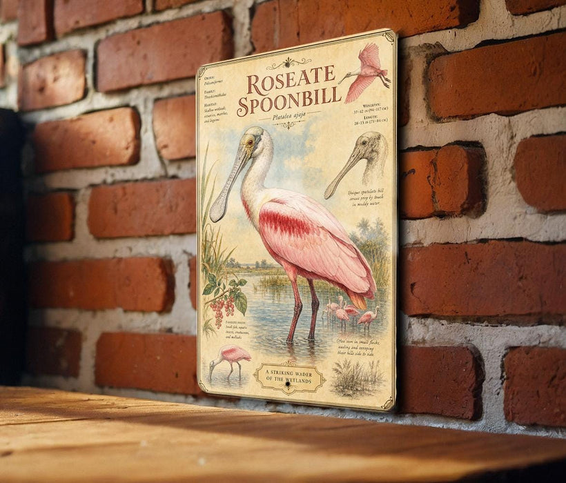 A vintage-style illustration of a pink spoonbill bird is displayed on a brick wall, with accompanying text and illustrations.