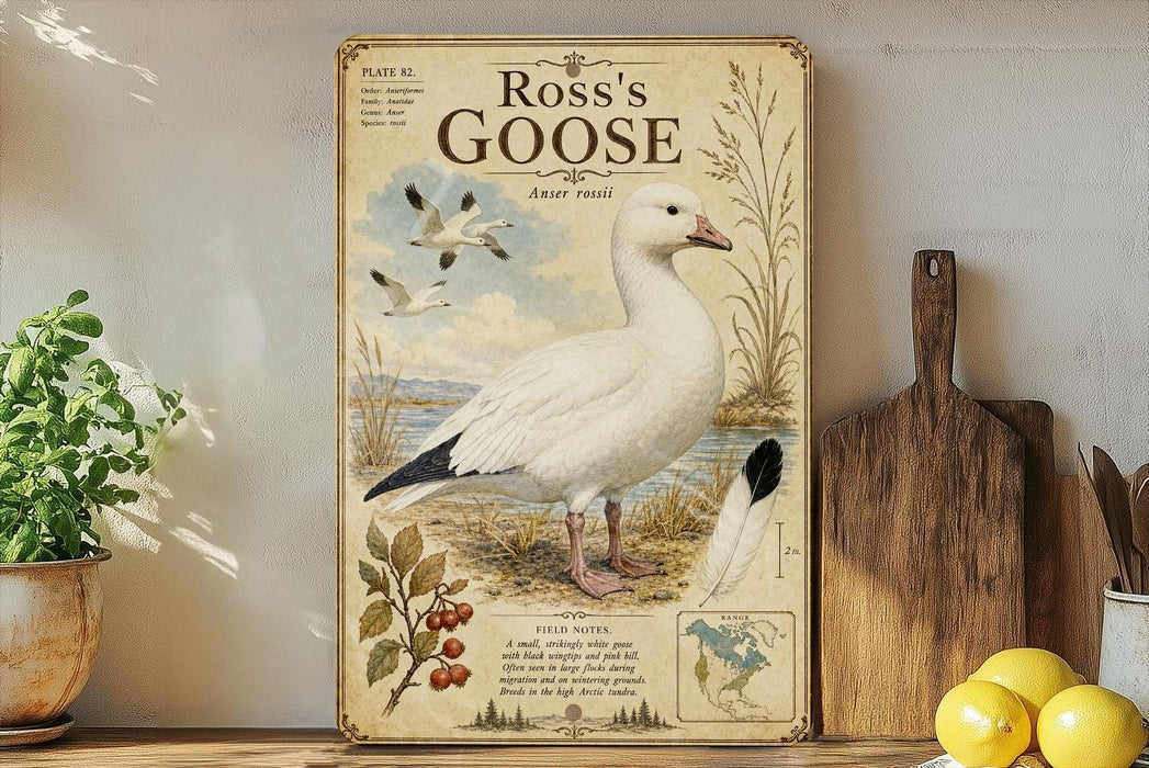 A vintage-style metal plate with an illustration of a white goose, featuring text and a map, is displayed on a shelf next to a potted plant and a wooden cutting board.