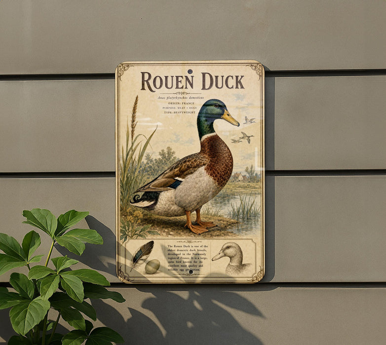 a sign with an illustration of a roen duck, which is a type of waterfowl.