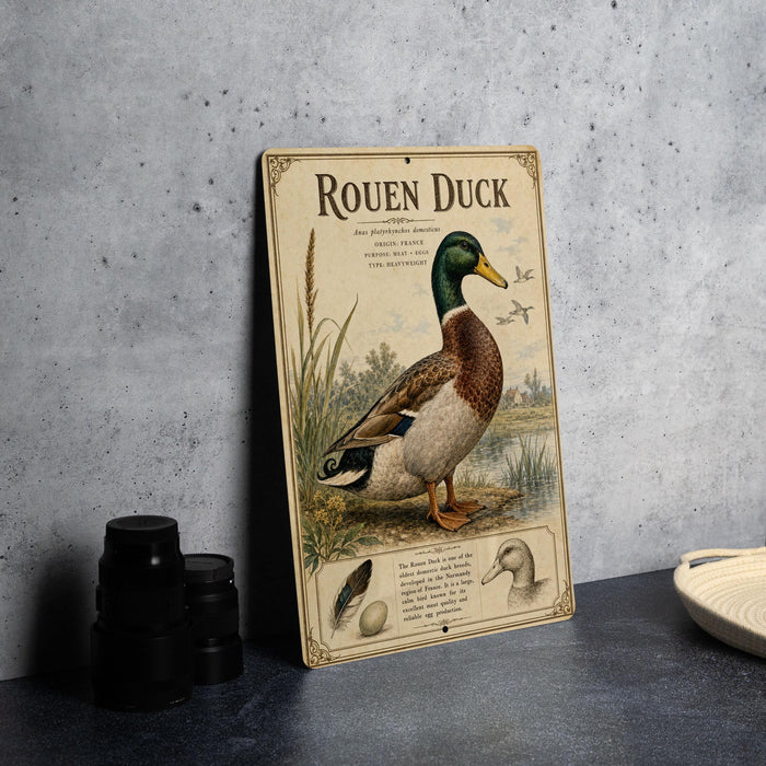 A metal sign featuring an illustration of a Rouen Duck standing on a grassy area with a bird in the background.