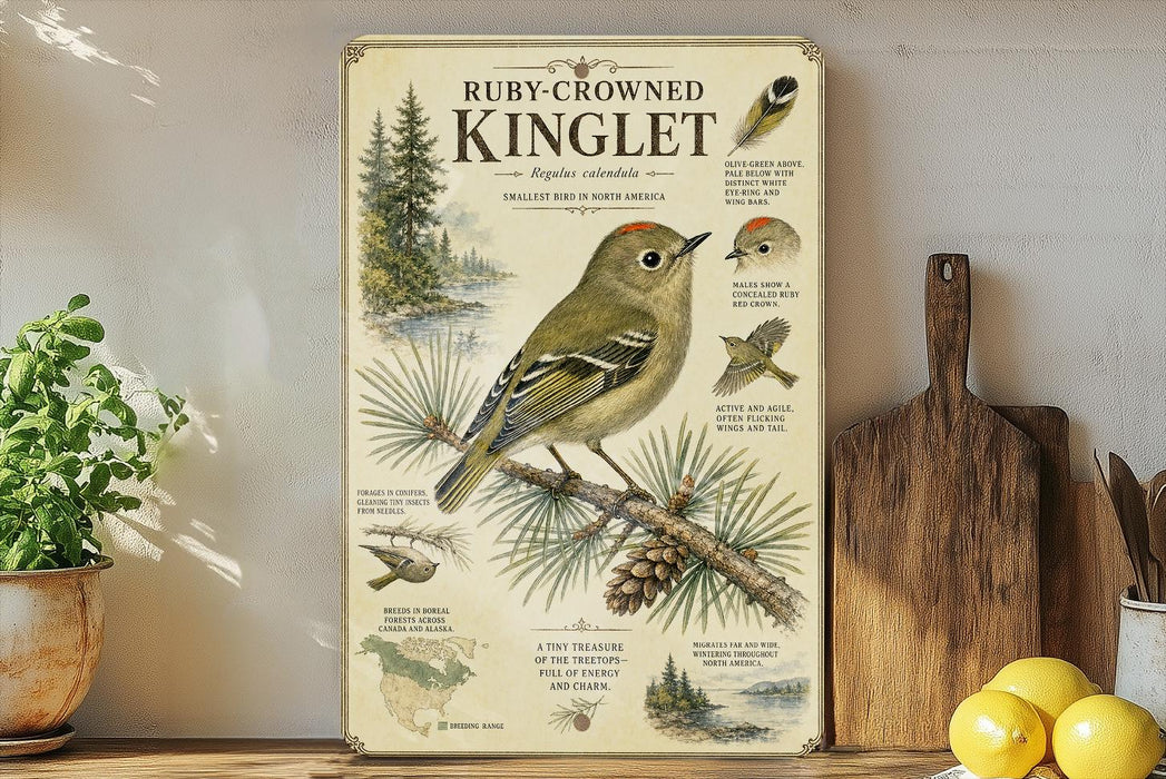 a poster or painting of a Ruby-crowned Kinglet bird, which is a small songbird native to North America. The poster includes detailed illustrations and information about the bird, such as its appearance, habitat, and behavior. The poster is displayed on a wall, with a wooden cutting board and a potted plant visible in the foreground.