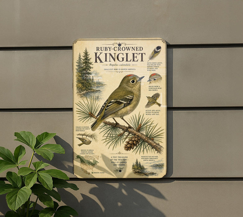 a vintage-style sign with illustrations and text about the Ruby-crowned Kinglet bird, which is a small bird native to North America.