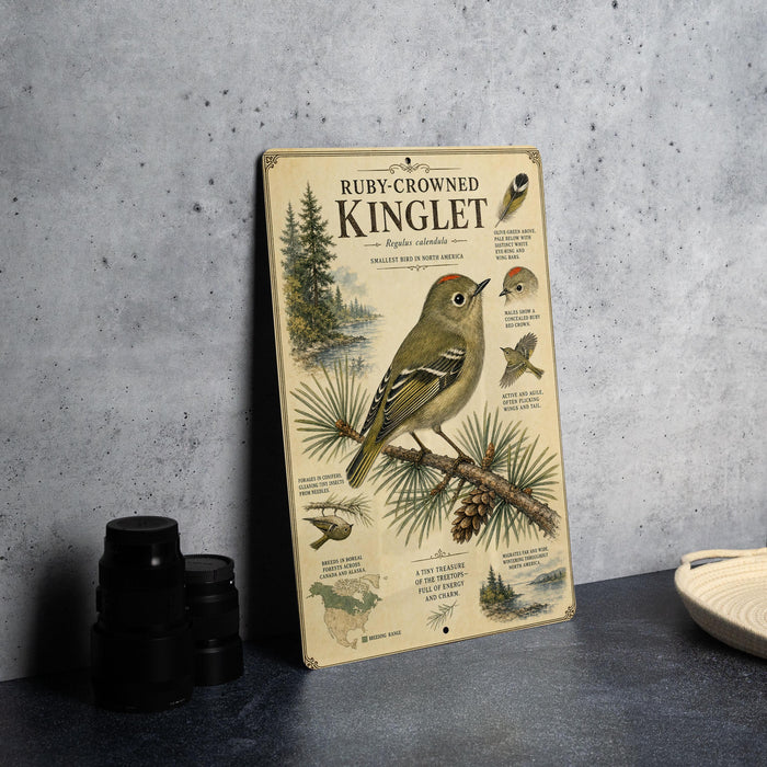 A vintage-style metal sign featuring illustrations and text about the Ruby-Crowned Kinglet, a small songbird native to North America.
