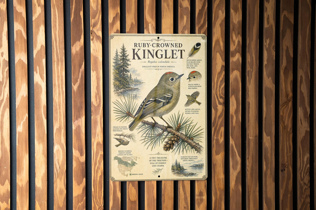 a poster or informational display about the Ruby-Crowned Kinglet, a small bird native to North America. The poster includes a detailed illustration of the bird and provides information about its habitat, size, and behavior.
