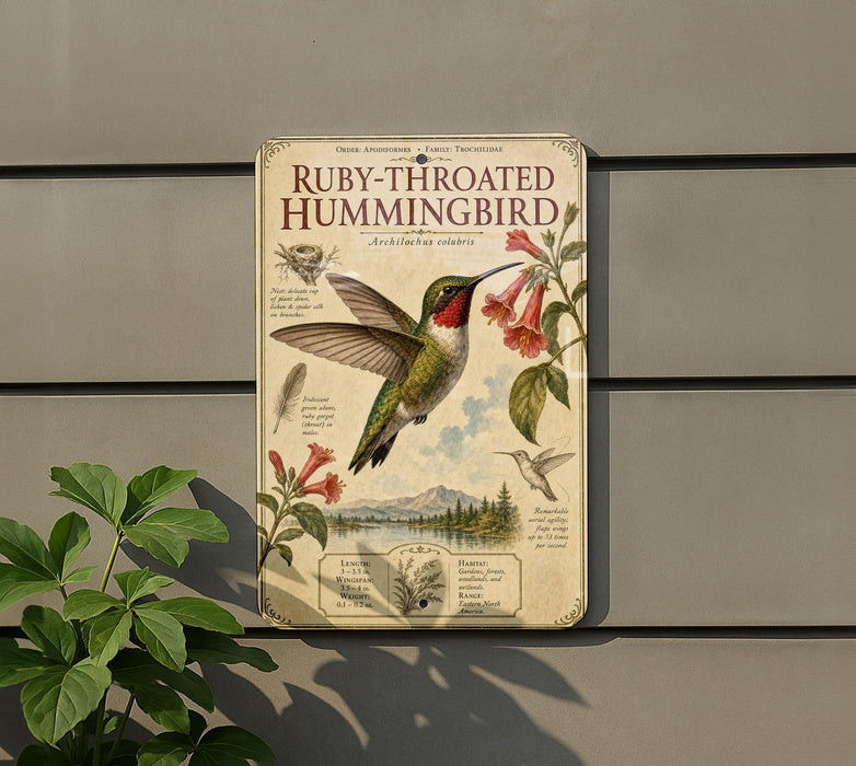 a vintage-style sign depicting a Ruby-throated Hummingbird, with illustrations of the bird, flowers, and a mountain landscape.