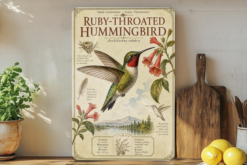 a poster of a Ruby-throated Hummingbird on a shelf, surrounded by various kitchen utensils and a potted plant.