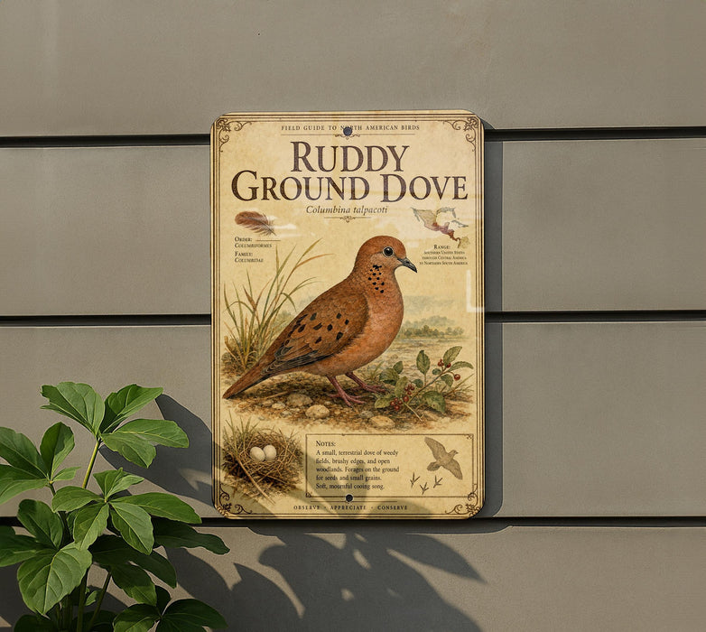 A vintage-style field guide to American birds, specifically focusing on the "Ruddy Ground Dove", is displayed on a wall next to a plant.