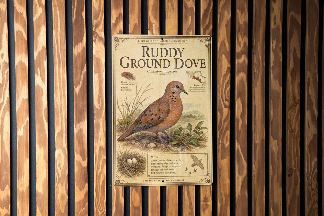 a poster of a ground dove, which is a type of bird, mounted on a wooden wall.