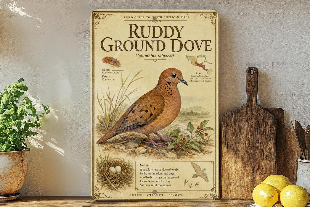 a vintage-style field guide to the American ground dove, with illustrations and text providing information about the bird.