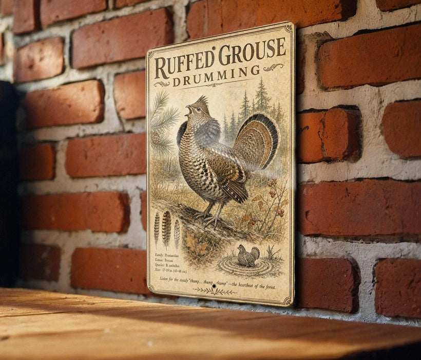 a vintage-style sign for Ruffed Grouse Drumming, mounted on a brick wall.