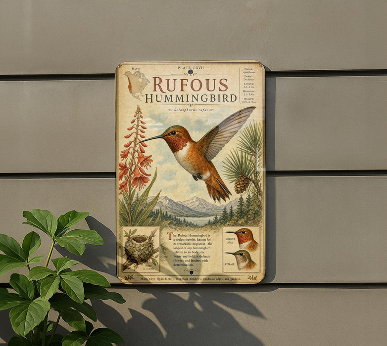 a vintage-style informational sign about the Rufous Hummingbird, mounted on a wall next to a plant.