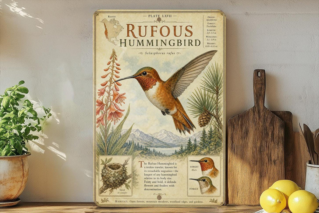 a vintage-style poster of a hummingbird, with illustrations of the bird, flowers, and mountains in the background.