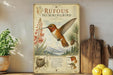 a vintage-style poster of a hummingbird, with illustrations of the bird, flowers, and mountains in the background.