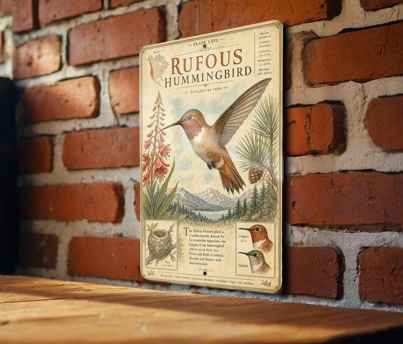 a vintage-style metal sign with illustrations and text about the Rufous Hummingbird, which is mounted on a brick wall.