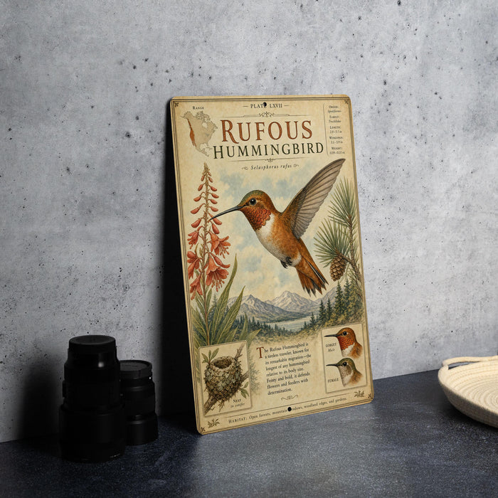 a vintage-style metal sign with illustrations and text about the Rufous Hummingbird, which is a small bird with a red, orange, and white coloration.