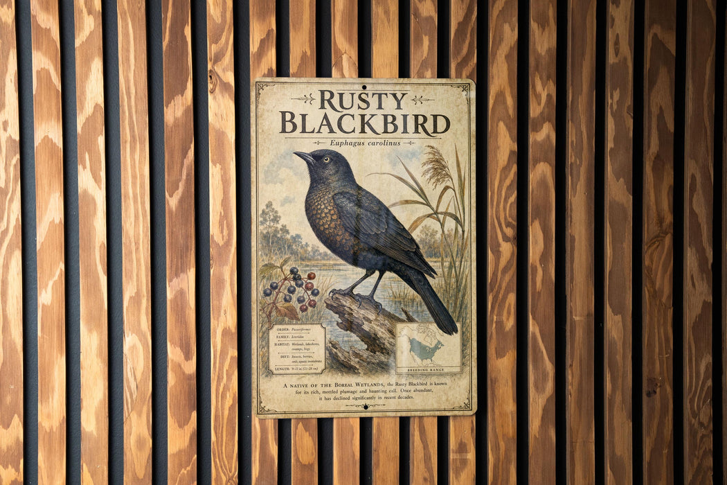 a vintage-style metal sign with a black bird illustration, mounted on a wooden wall.