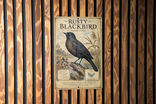 a vintage-style metal sign with a black bird illustration, mounted on a wooden wall.