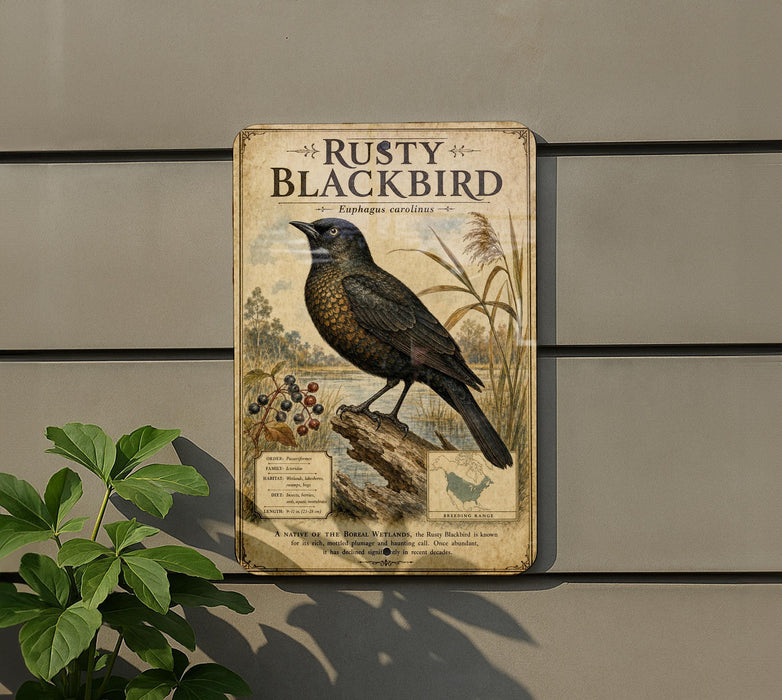 a vintage-style metal sign with an illustration of a blackbird, mounted on a wall.