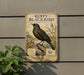 a vintage-style metal sign with an illustration of a blackbird, mounted on a wall.