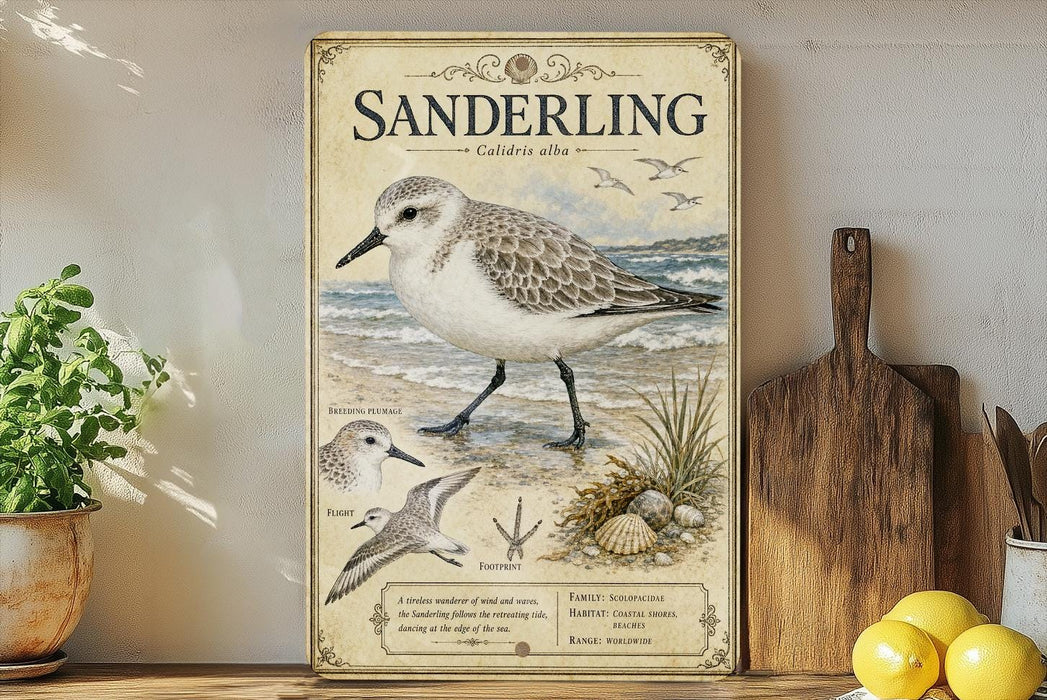 A framed illustration of a sandpiper bird, labeled as a Sanderling, is displayed on a shelf next to a wooden cutting board and a potted plant.