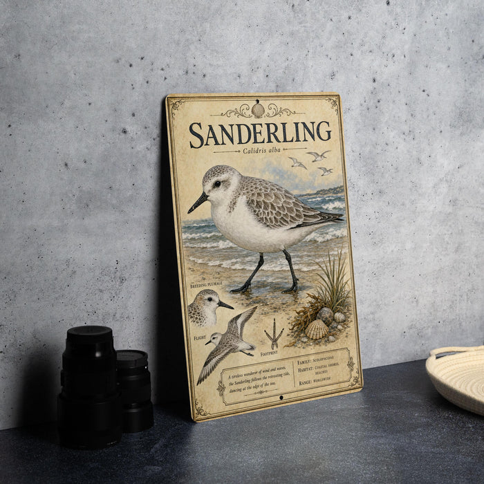 A vintage-style metal sign with an illustration of a sandpiper bird, labeled "Sanderling", is displayed on a gray concrete wall.