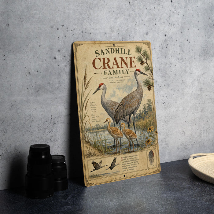 a vintage-style sign for the Sandhill Crane Family, depicting two adult cranes and their young, standing in a natural setting.