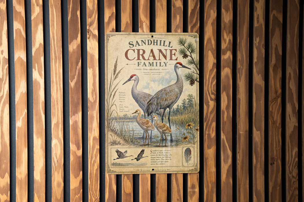 A vintage-style metal sign with illustrations of sandhill cranes and text, mounted on a wooden wall.