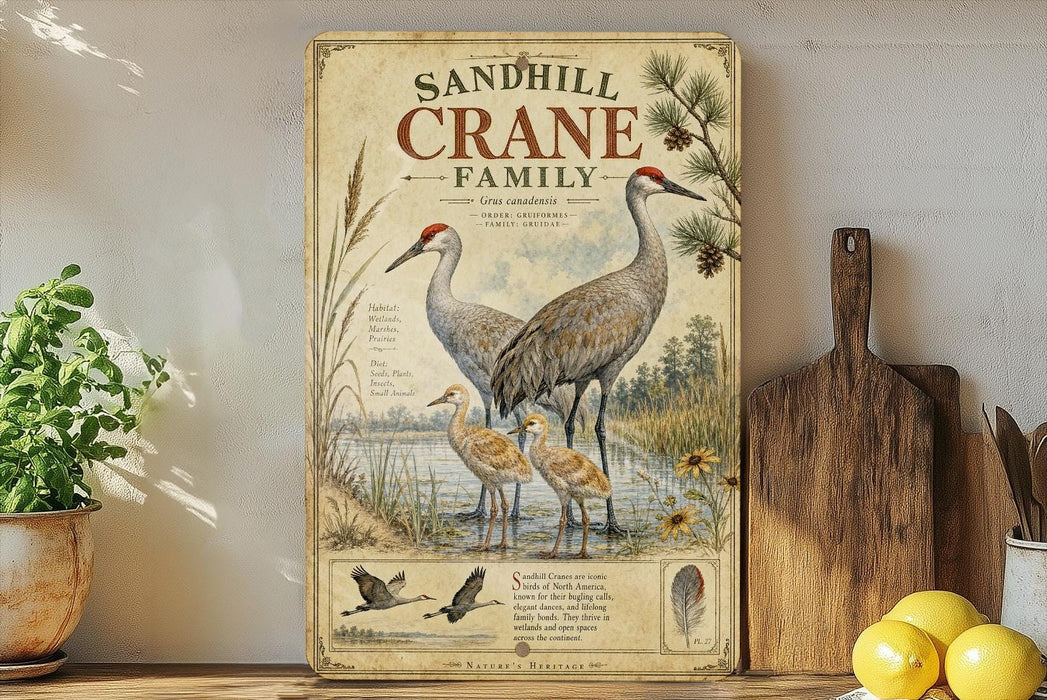a vintage-style illustration of sandhill cranes, with a wooden board displaying the text "Sandhill Crane Family" and an illustration of the cranes in a natural setting.
