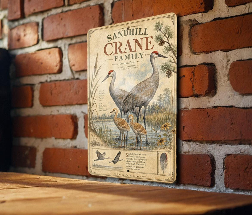 A vintage-style metal sign depicting a family of sandhill cranes standing in a grassy field, with illustrations of the birds and additional text.