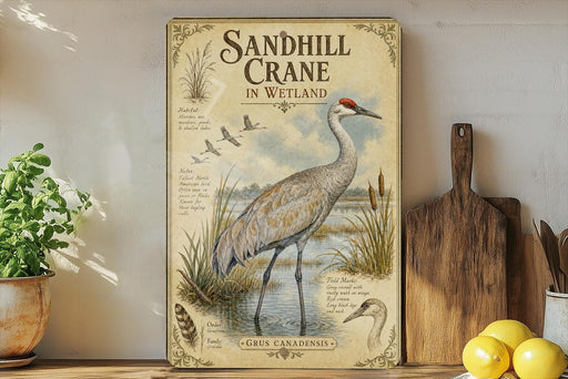 a vintage-style poster of a sandhill crane in a wetland, with illustrations of the crane and its natural habitat. The poster is displayed on a shelf next to a wooden cutting board and a potted plant.
