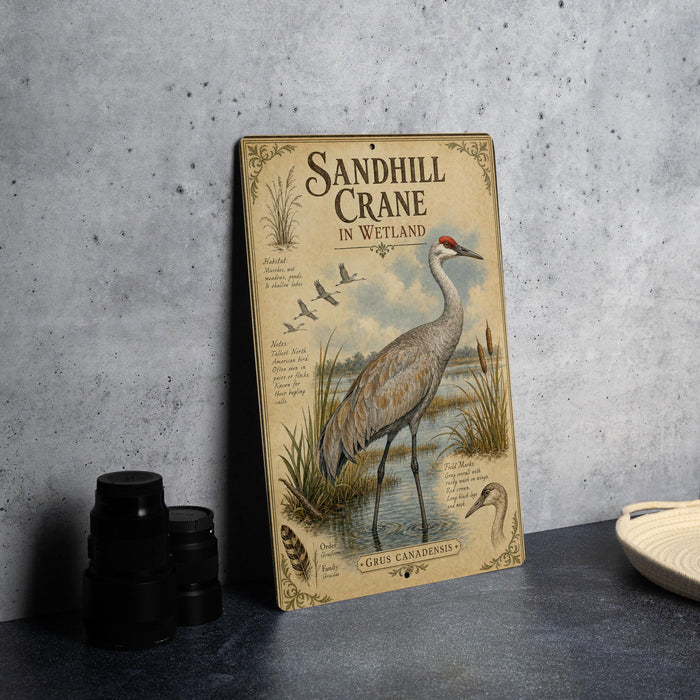 A vintage-style metal sign with illustrations and text about the Sandhill Crane in wetlands, placed on a countertop next to some camera equipment.