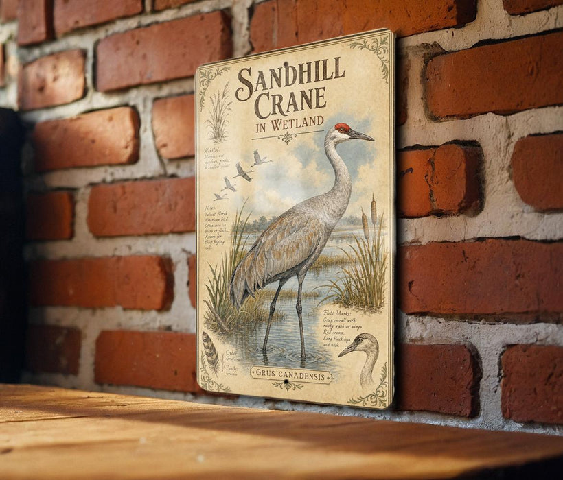 A vintage-style metal sign depicting a sandhill crane in a wetland, mounted on a brick wall.
