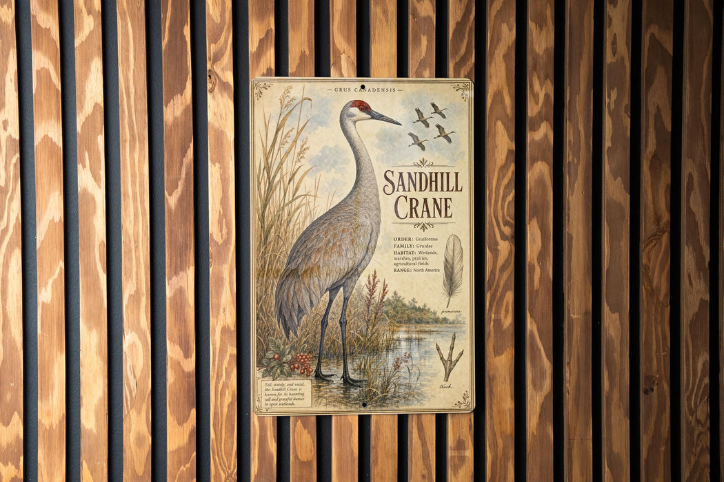 a vintage-style metal sign with an illustration of a sandhill crane standing in a grassy field.