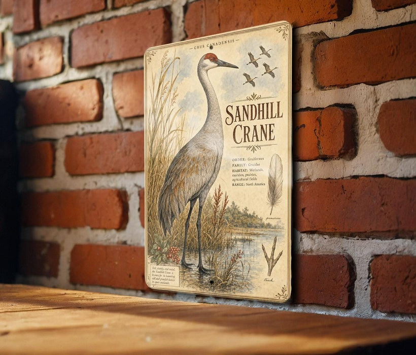 A vintage-style illustration of a sandhill crane is displayed on a brick wall, with a wooden table below it.