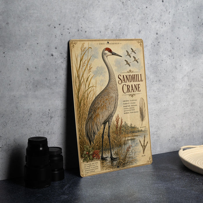 a vintage-style illustration of a sandhill crane standing in a grassy field, with a birdhouse nearby.