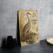 a vintage-style illustration of a sandhill crane standing in a grassy field, with a birdhouse nearby.