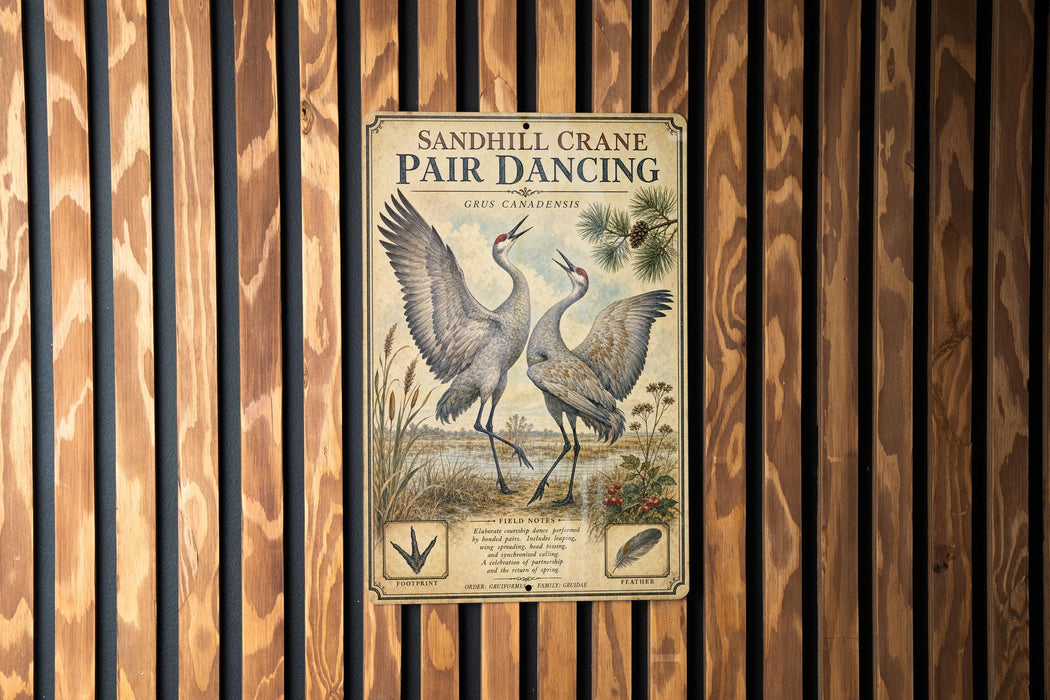 A sign for the Sandhill Crane Pair Dancing event, featuring illustrations of two cranes in a natural setting.