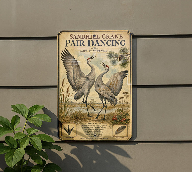 a sign with a pair of sandhill cranes dancing, surrounded by various elements such as plants and a birdhouse.