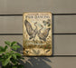a sign with a pair of sandhill cranes dancing, surrounded by various elements such as plants and a birdhouse.