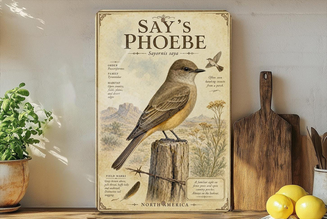 a framed illustration of a bird perched on a wooden post, surrounded by various text elements and a scenic landscape.