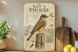 a framed illustration of a bird perched on a wooden post, surrounded by various text elements and a scenic landscape.
