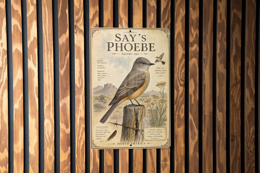 a poster of a bird perched on a wooden post, with a bird illustration and text.